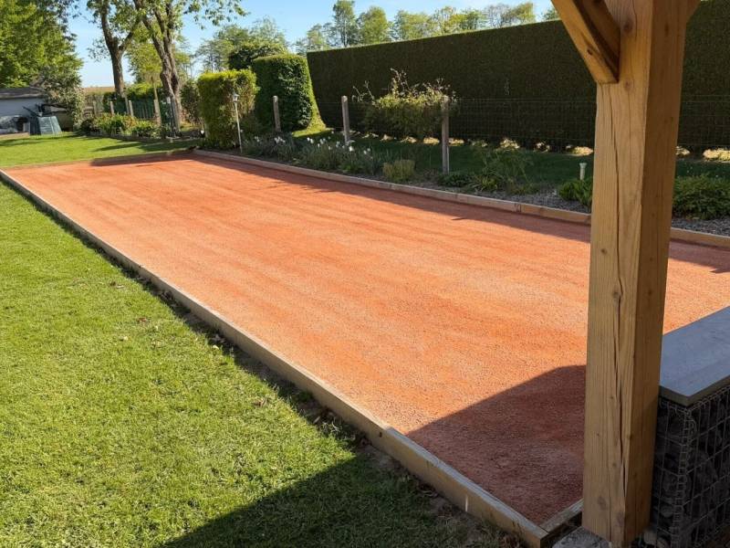 Création terrain de pétanque Motteville 76970 aménagement extérieur Croix-Mare Yvetot entreprise paysagiste clôture terrassement Normandie